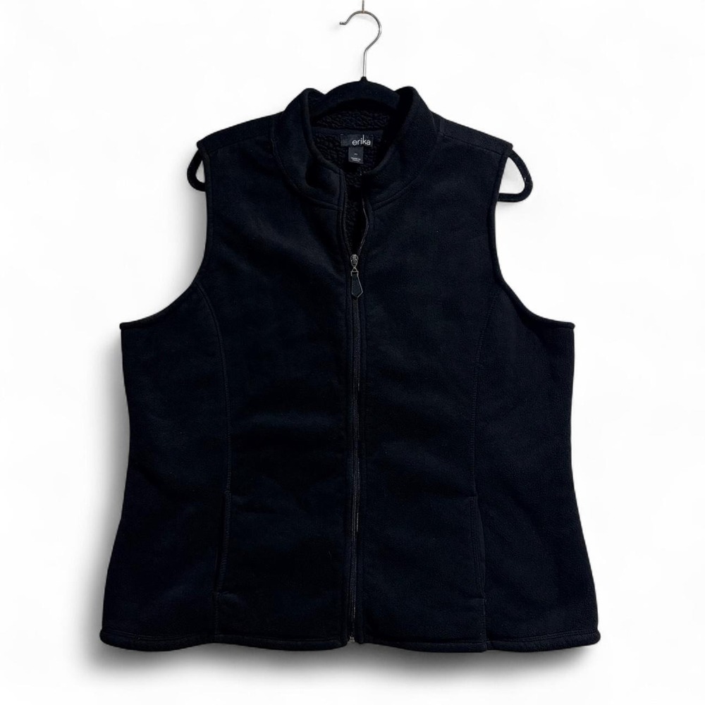 Erika Black Fleece Vest Womens XL Full Zip Sherpa Lined Mock Neck Pocketed